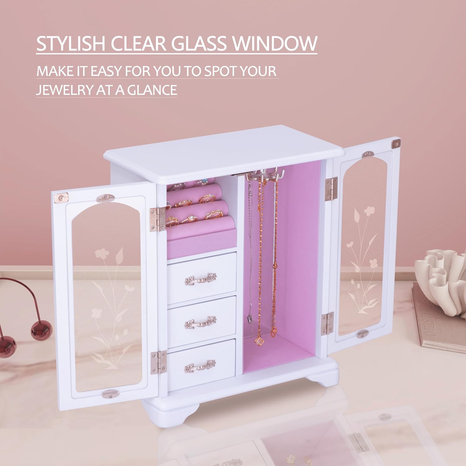 White Jewelry Box,Handle Carving Craft Wooden Jewelry Boxes,With Swivel Hook And Velvet Lining Large Jewelry Box For Women,Suitable As Gift For Friends - Image 2