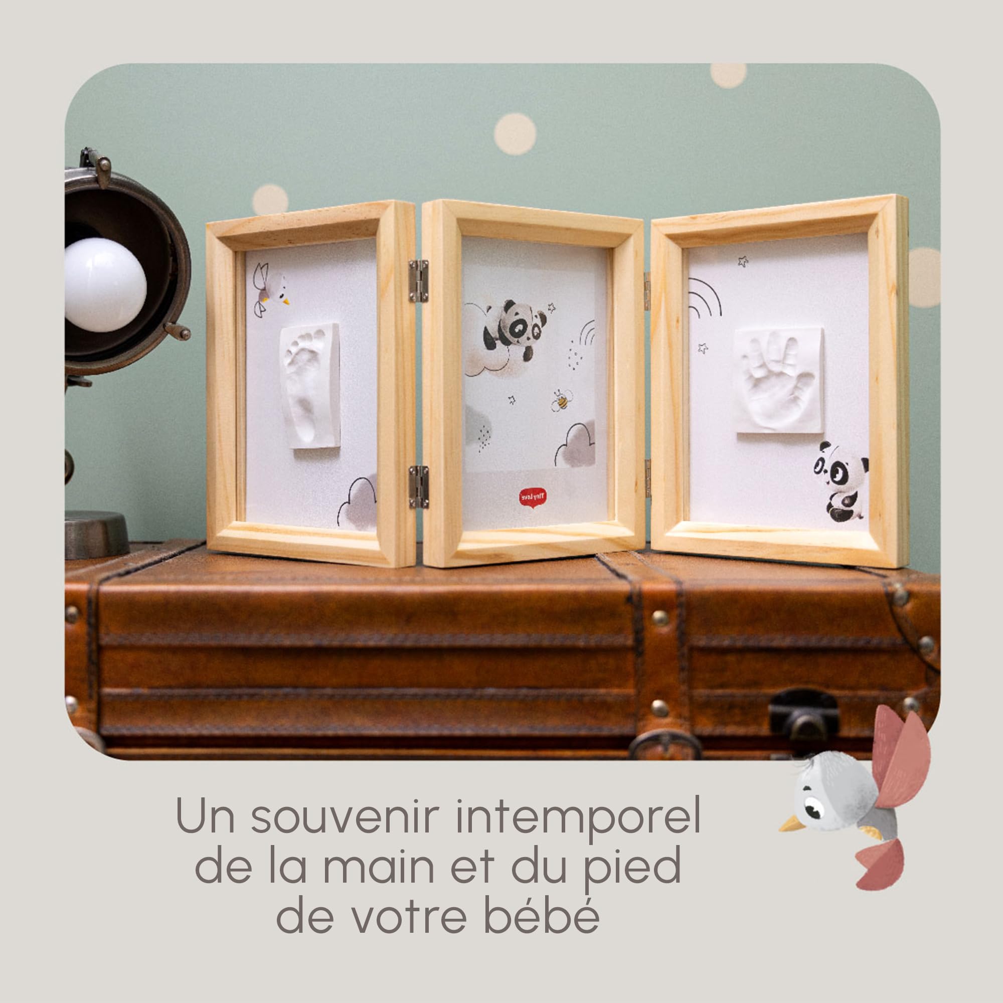 Tiny Love Double Frame Photo, Cadre Personnalisé, Empreinte Main Pied Bebe, Kit Cadre Bebe Argile, Kit Empreinte, Testé Dermatologiquement, Cadeau Naissance, Coffret Tout-en-un, Tiny Creations, Bois