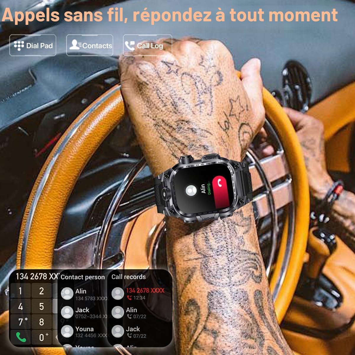 Nemheng Military Smart Watch pour hommes, 2.01” HD Fitness Tracker Watch with Make/Answer Call, Women's Smartwatch With Flashlight & 100+ Sport Modes, SpO2 Moniteur de fréquence cardiaque et de sommei