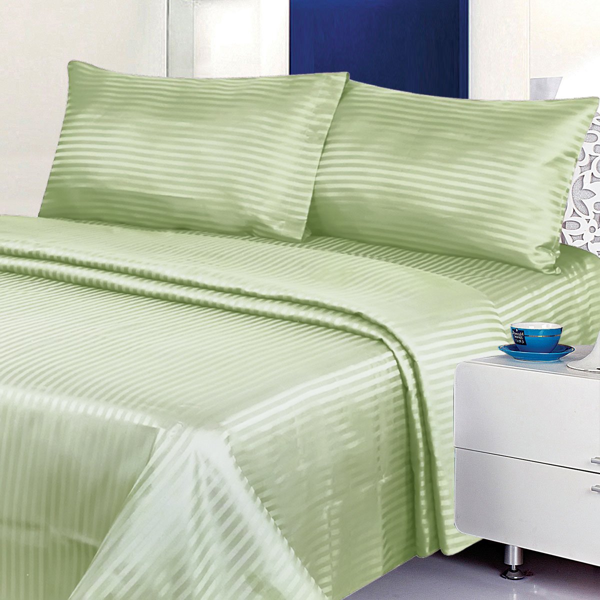 CrystalTowels Microfiber Bed Sheets Set - 4-Piece Soft Sheet Set, Stripe Pattern w/Sateen Finish, King Size Sheets Deep Pocket Set - Sage