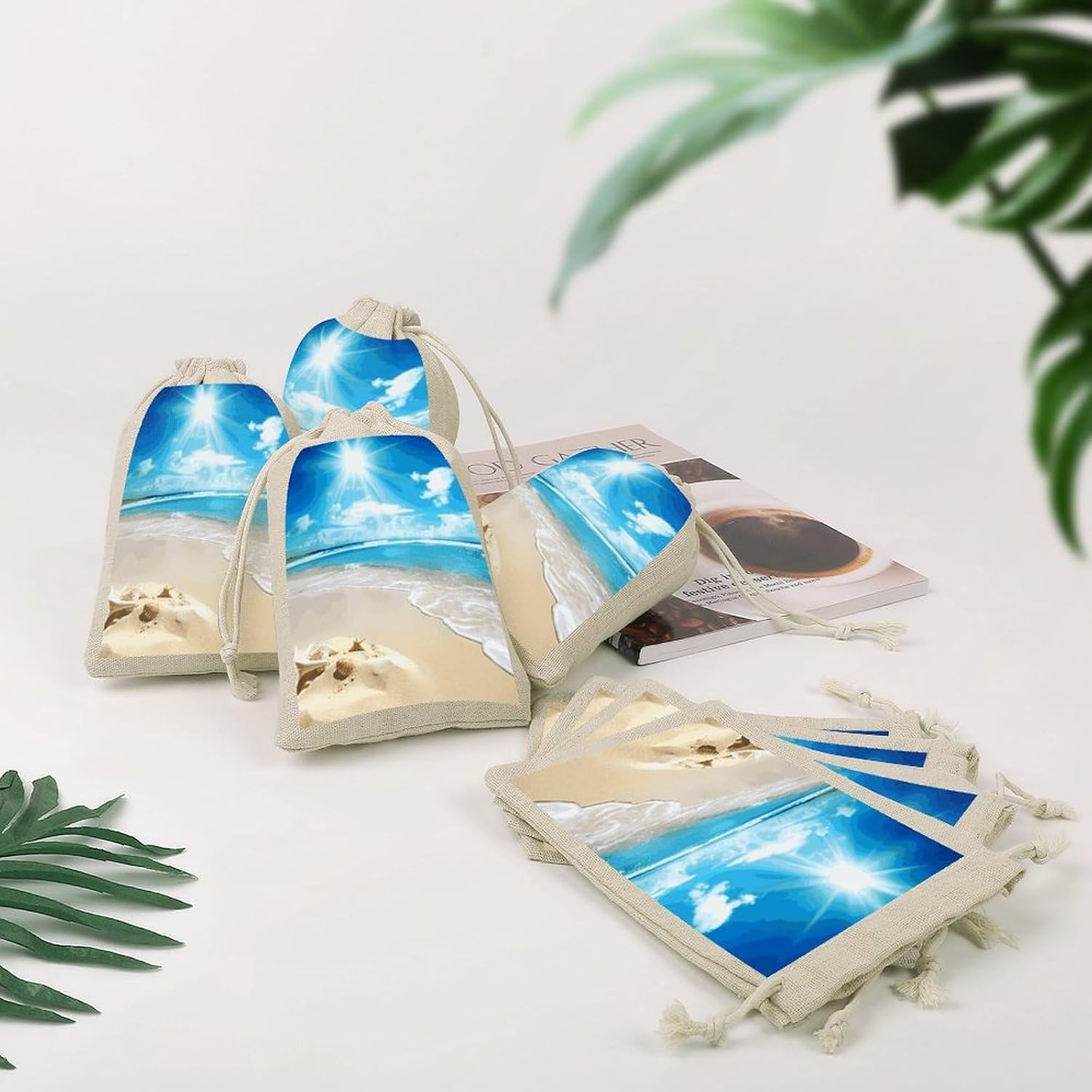 Bright Sunshine Summer Beach Cotton Linen Drawstring Bags Pack of 8 image 4