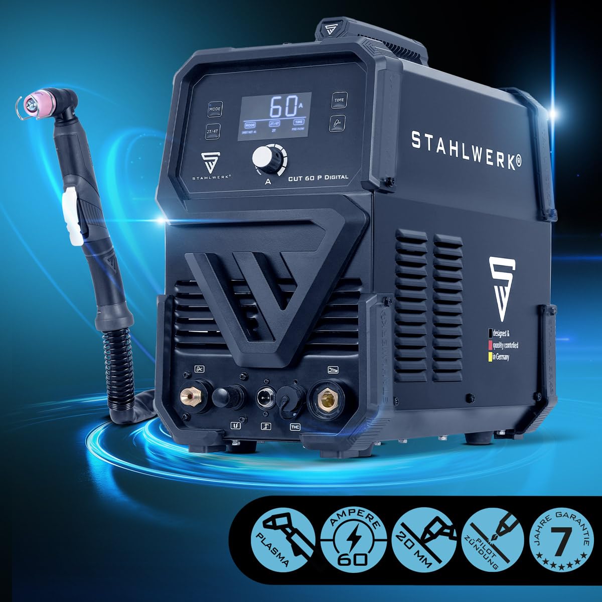 STAHLWERK Plasmaschneider CUT 60 P Digital – Plasmaschneidgerät mit 60 A, Schneidleistung bis 20 mm, Inverter Plasma Cutter mit HF-Pilotzündung, THC-Schnittstelle für CNC-Höhenregelung