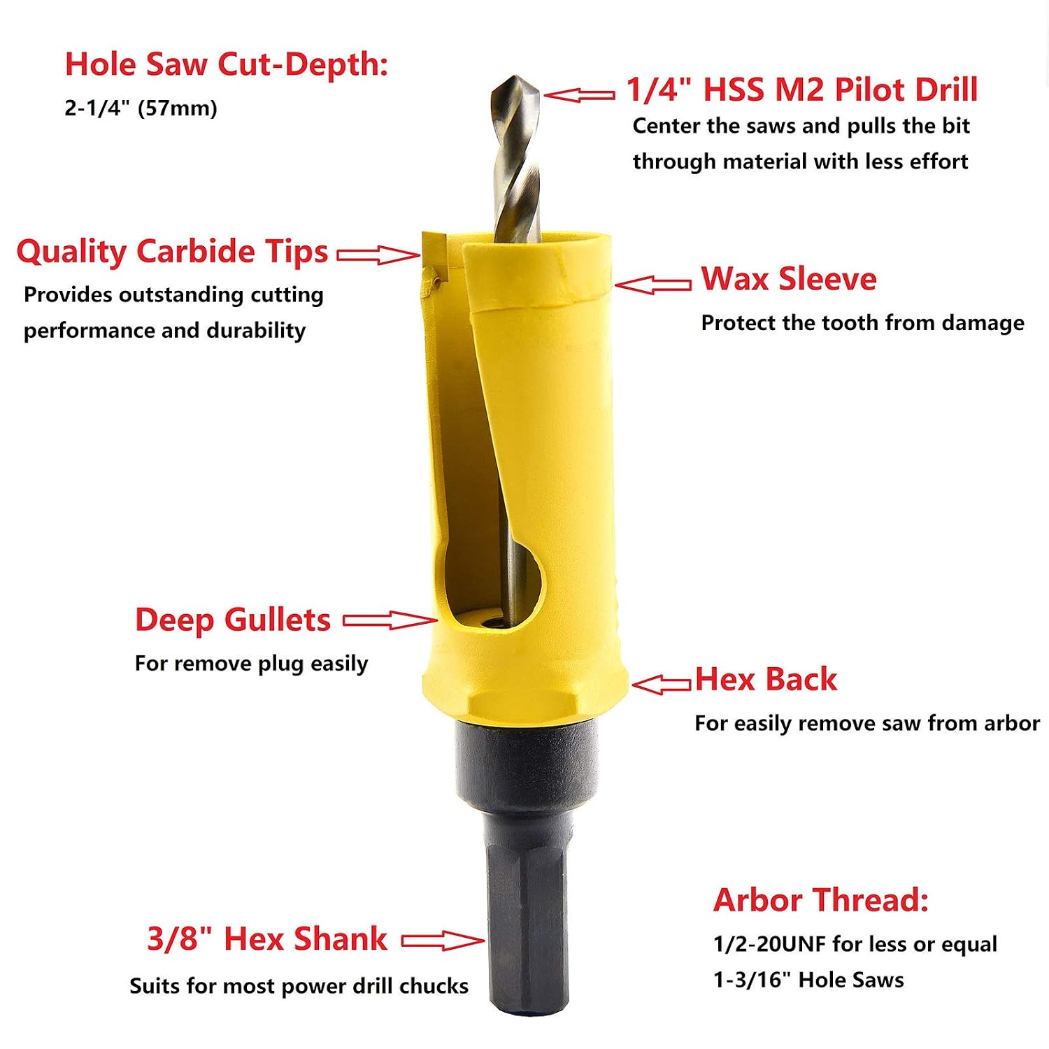 MaxTool 3/8" HEX Arbor/Mandrel Holesaw Accessary Fits up to 1-3/16" Holesaws 1/2-20UNF Thread 1/4" x3-1/16 M2 Pilot Drills; BA24H1802-M34