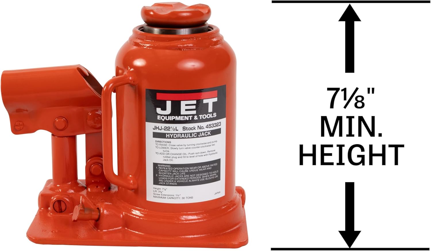 JET 22.5-Ton Low-Profile Hydraulic Bottle Jack w/ Handle (JHJ-22-1/2L)