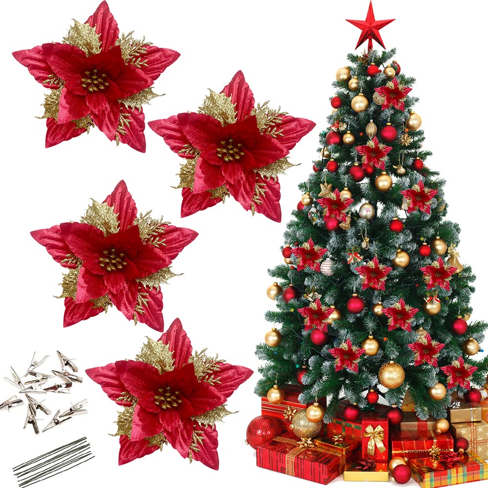 Amazon｜クリスマス ポインセチア 花 クリップと茎付き キラキラ
