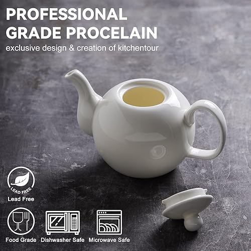 Miniatura 3 de KitchenTour - Ollas de té de porcelana inglesa -37 onzas para hojas sueltas y florecientes, olla de cerámica de porción fina con agujeros de colador