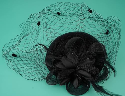 Miniatura 3 de Cizoe Tocado con clip para el cabello, Pillbox con plumas, flores y velo para bodas, fiestas, sombrero de té