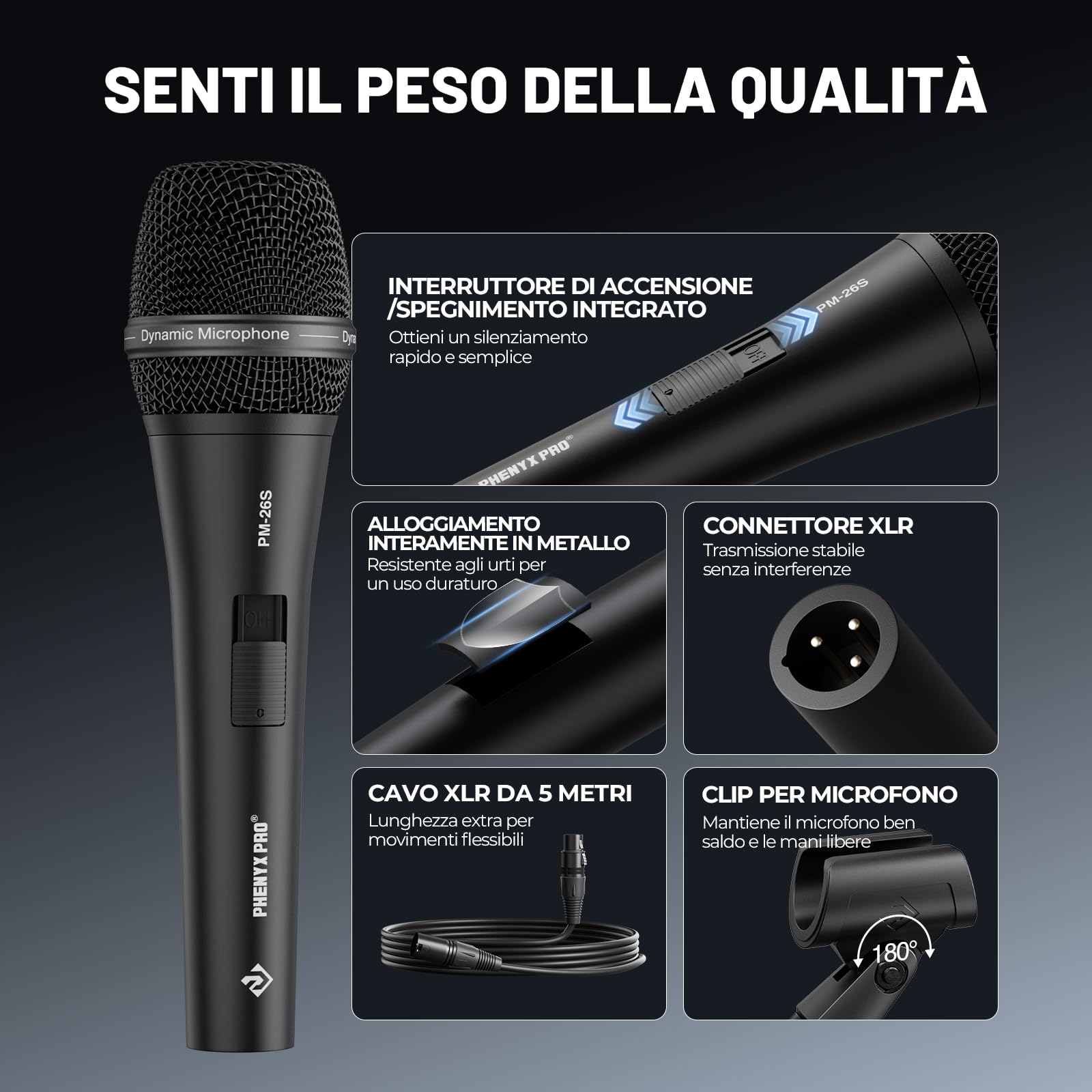 Microfono vocale dinamico supercardioide Phenyx Pro PM-26S con cavo XLR da 5 m, clip per microfono e borsa per il trasporto, microfono a filo portatile per canto, palco, studio e karaoke