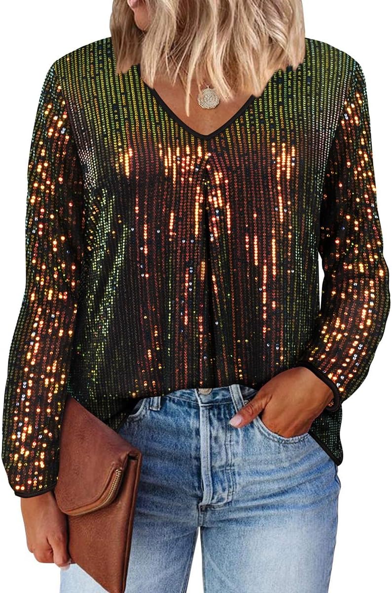 TIYOMI Plus Size Tops for Women Long Sleeve Sequins Party Tunic V Neck Casual Shirt Pleated Front Blouse Spring Winter XL-5XL