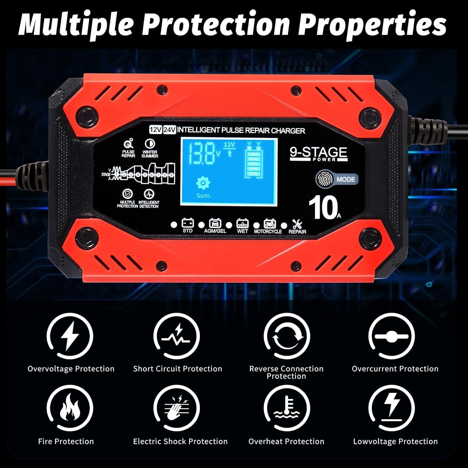 Ładowarka do akumulatorów samochodowych i motocyklowych, 12V 10A/24V 5A Ładowarka samochodowa Wiele zabezpieczeń Ładowarka motocyklowa z ekranem dotykowym LCD do AGM/Żel/EFB