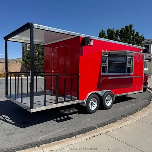Mobile Food Trucks, red Food Trailer with a Rear Terrace, Dual axles, Fully Equipped Mobile Kitchen carts,Ideal for hot Dog Trucks, ice Cream Trucks, Commercial Food Vending Vehicles