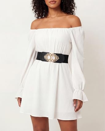 BlackButterfly Stretchy Vintage Wide Waspie Elastic Pearl Buckle Waist Belt
