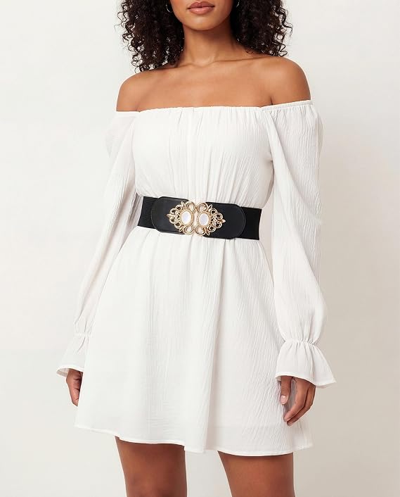 BlackButterfly Stretchy Vintage Wide Waspie Elastic Pearl Buckle Waist Belt