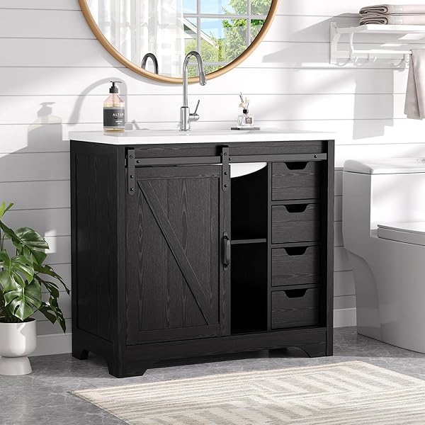 ONBRILL 36" Bathroom Vanity with Sink Combo, Farmhouse Sliding Barn Door Bathroom Vanities w/Resin Basin & 4 Drawers, Freestanding Thicken Single Sink Cabinet w/Adjustable Shelve (Black)