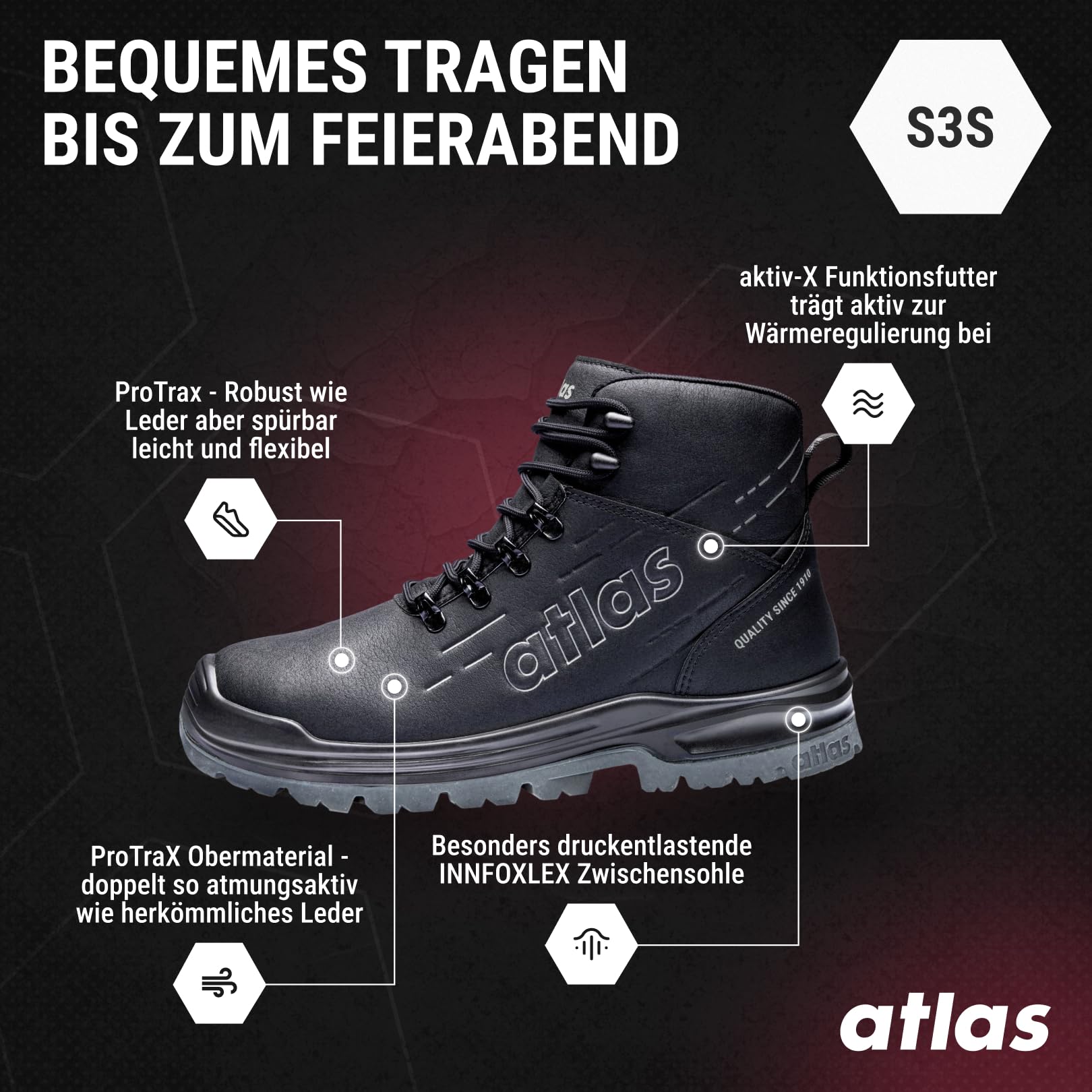Atlas MAX 500 PRO S3S Sicherheitsschuh Weite 10, Stahlkappe, XP Durchtrittschutz, wasserdicht, rutschhemmend, BAU & Outdoor, ProTraX