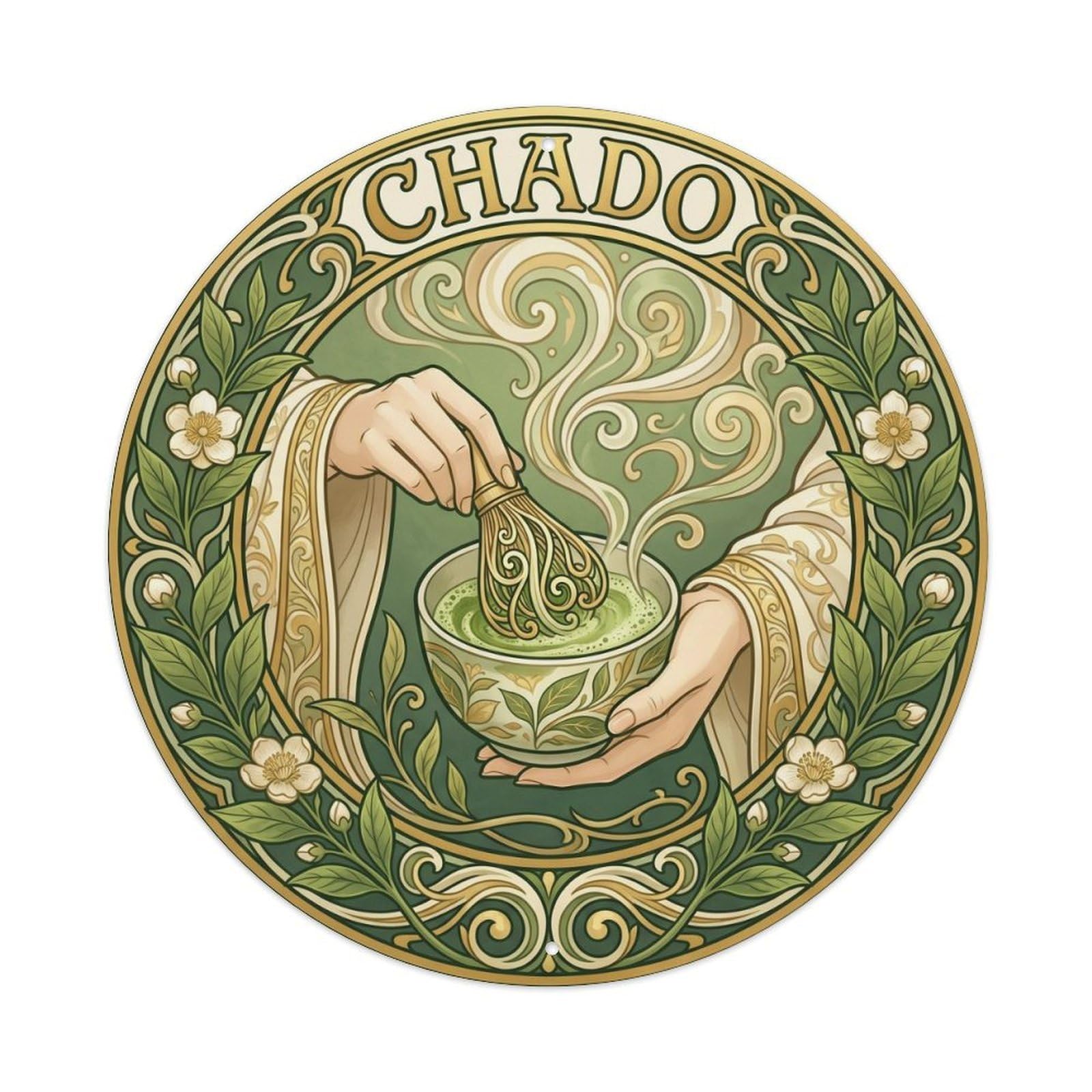 Olyhtr 8X8inch Classic Style Chado Matcha Preparation Close Up Nouveau Green Gold Metal Tin Sign