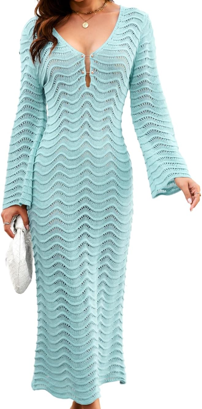 ChiaoLezhee Women's 3D Wave Crochet Beach Cover-up, Heavyweight Dress with Elegant Drape, Bell Sleeve Deep-V Backless