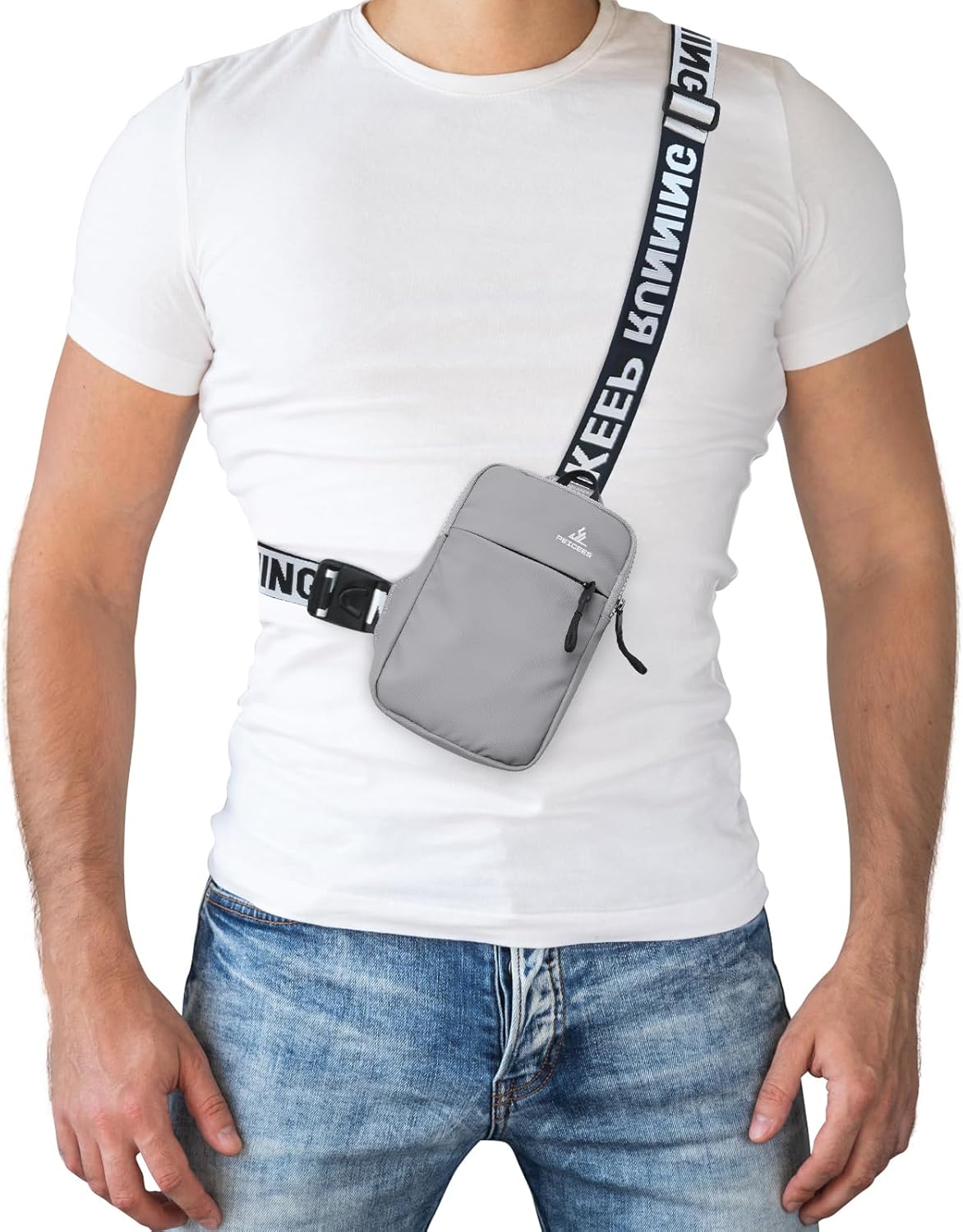 Peicees Mini Crossbody Sling Bag Chest Bag Dual Pocket Water Resistant Fanny Pack Running Phone Holder for Men Women Workout Travel, Grey - Image 8