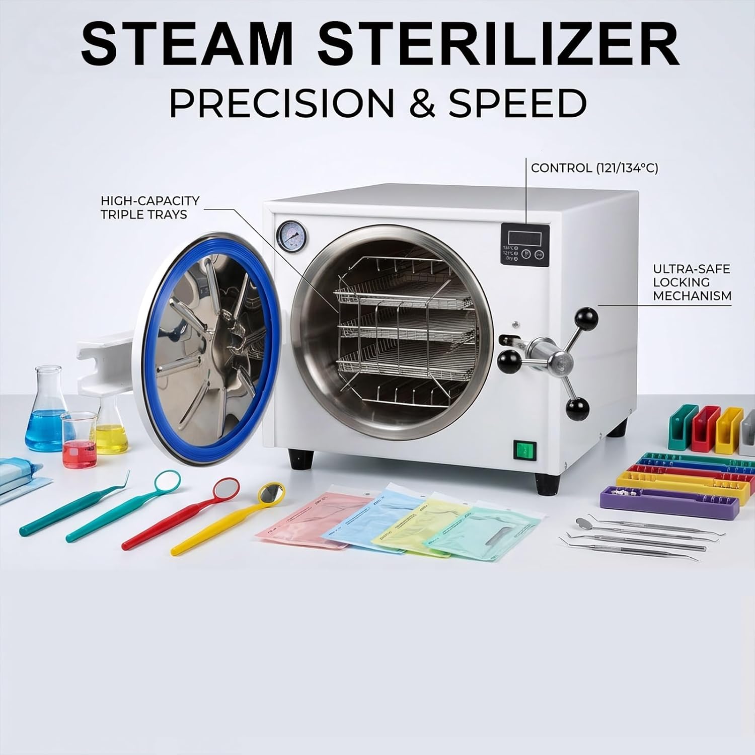 18L Autoclave Steam Sterilizer with Drying Cycle,Digital LED Display,Dual-Control Door Lock,Class N Stainless Steel Laboratory Equipment USA delivery in 3-7 Days