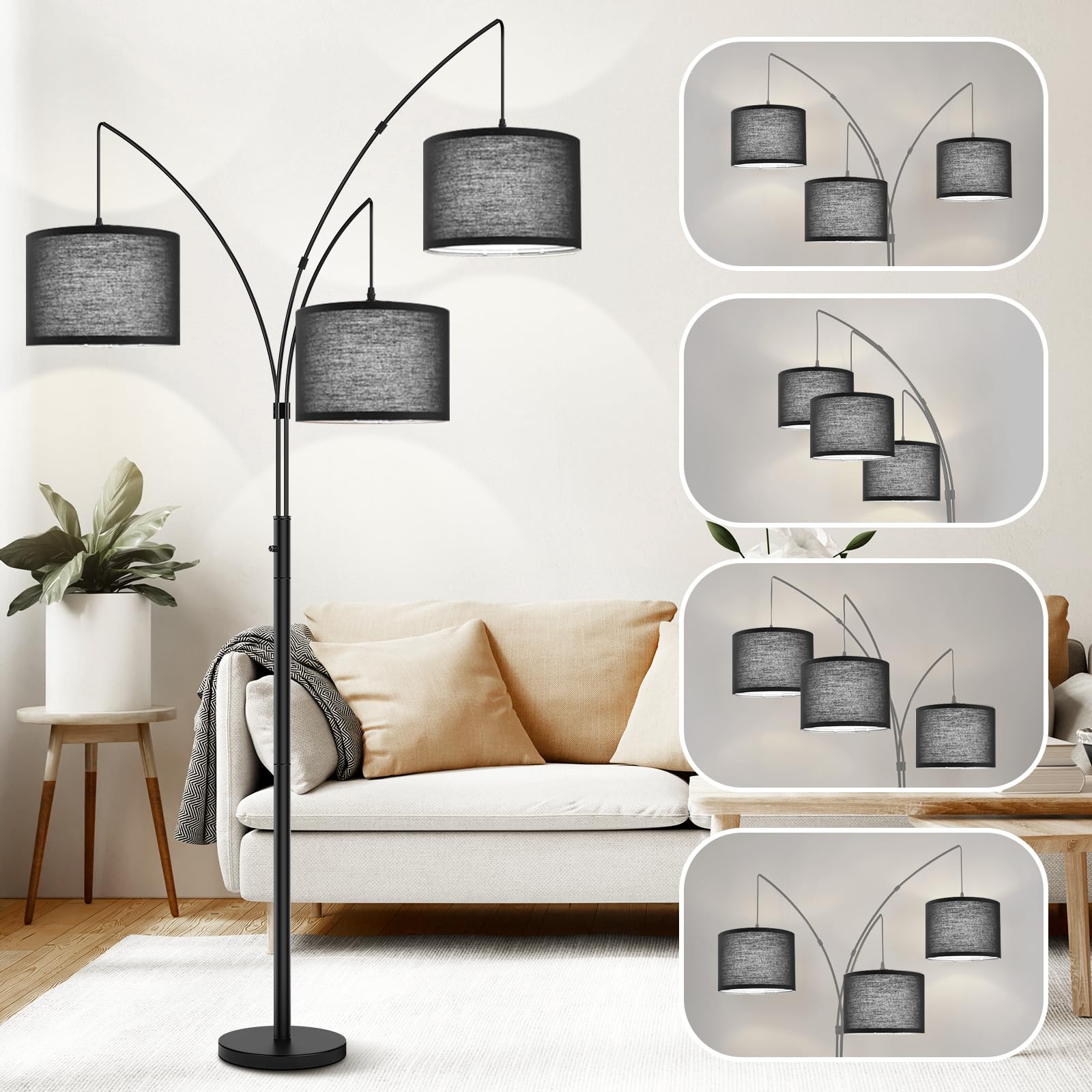 3 Lights Arc Floor Lamps for Living Room, Black Modern Tall Standing Lamp Hanging Over The Couch with Shades & Heavy Base,Mid Century Tree Floor Lamp for Bedroom Office