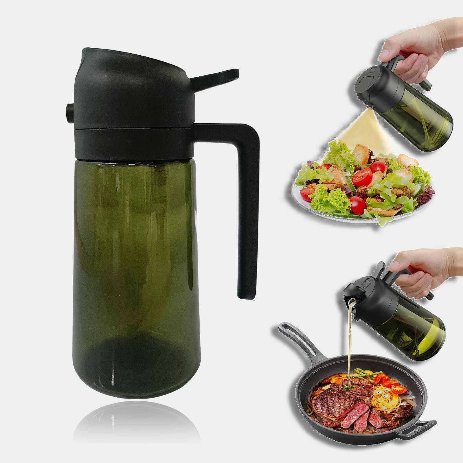 Aorozhi 2 in 1 Oil Dispenser and Oil Sprayer – 470ml Premium Glass Oil Dispenser Bottle for Kitchen – Spray and Pour Design for Cooking & Baking (Black)