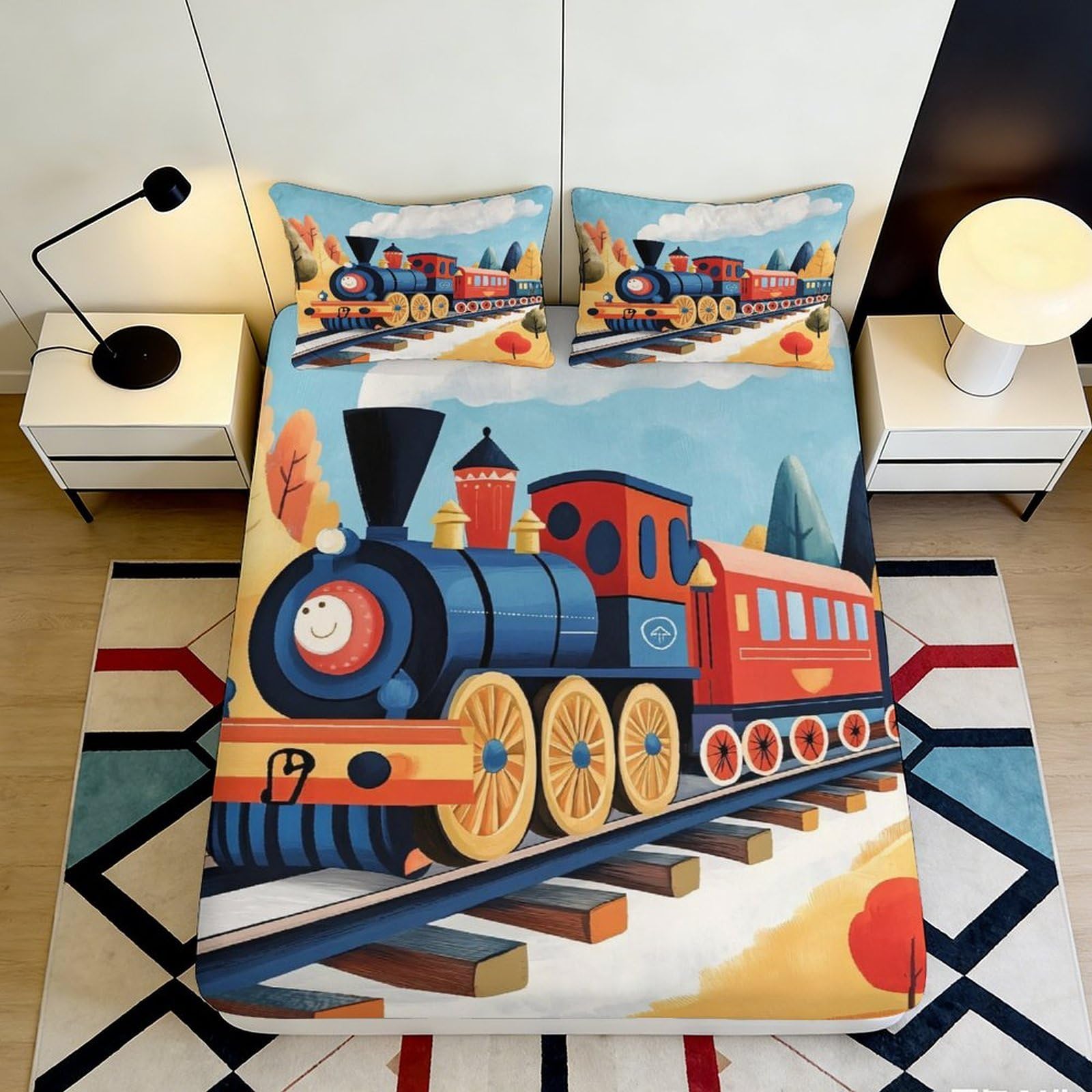 3D Printed Cartoon Train Fitted Sheet Microfiber Soft Non-Slip Bed Cover Kids Railway Decor for Bedroom Guest Room 90x200x25cm
