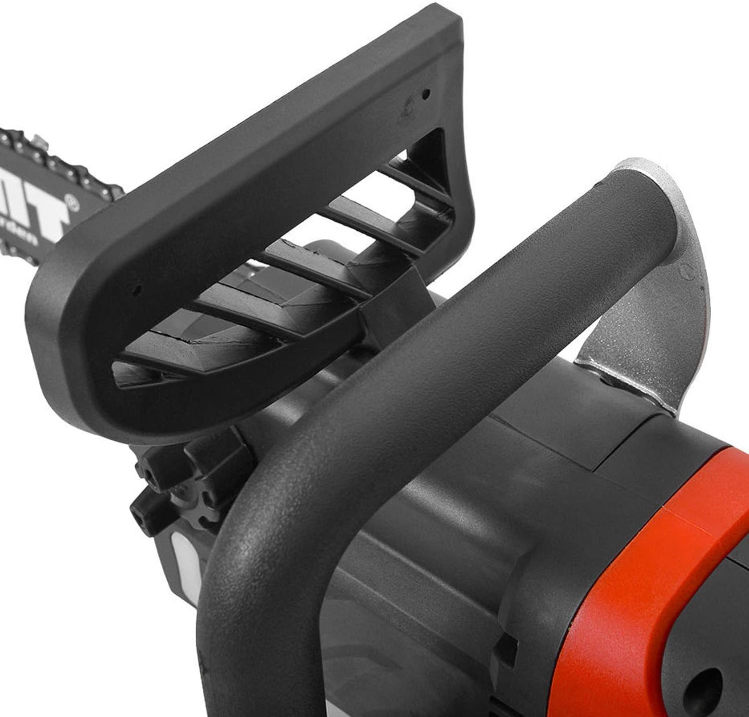 Close-up of front handle and chain brake