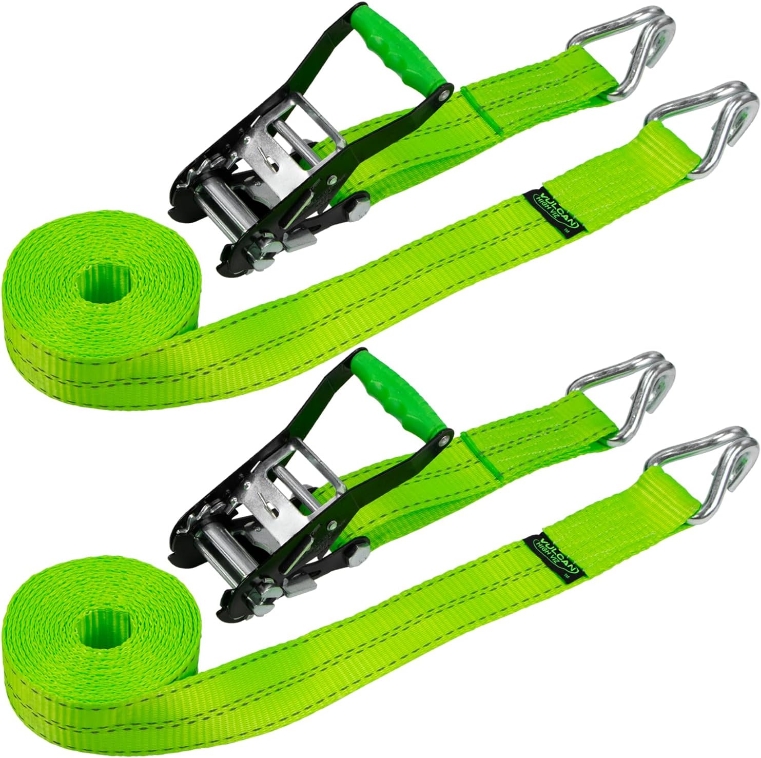 VULCAN Ratchet Strap with Wire Hooks 2 Inch x 30 Foot - 2 Pack - High Viz - 3,300 Pound Safe Working Load