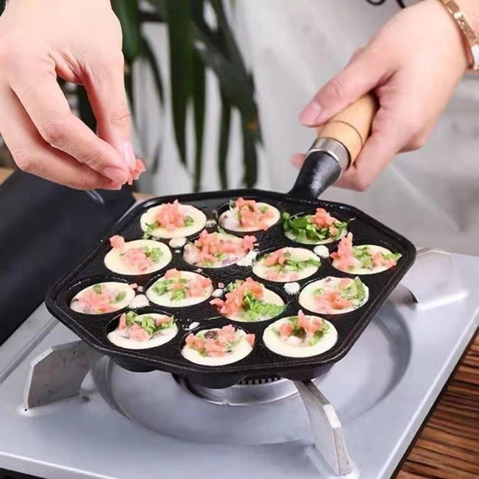 Takoyaki Maker 14 Fori Grill Pan Aebleskiver Padella Antiaderente Manico Legno