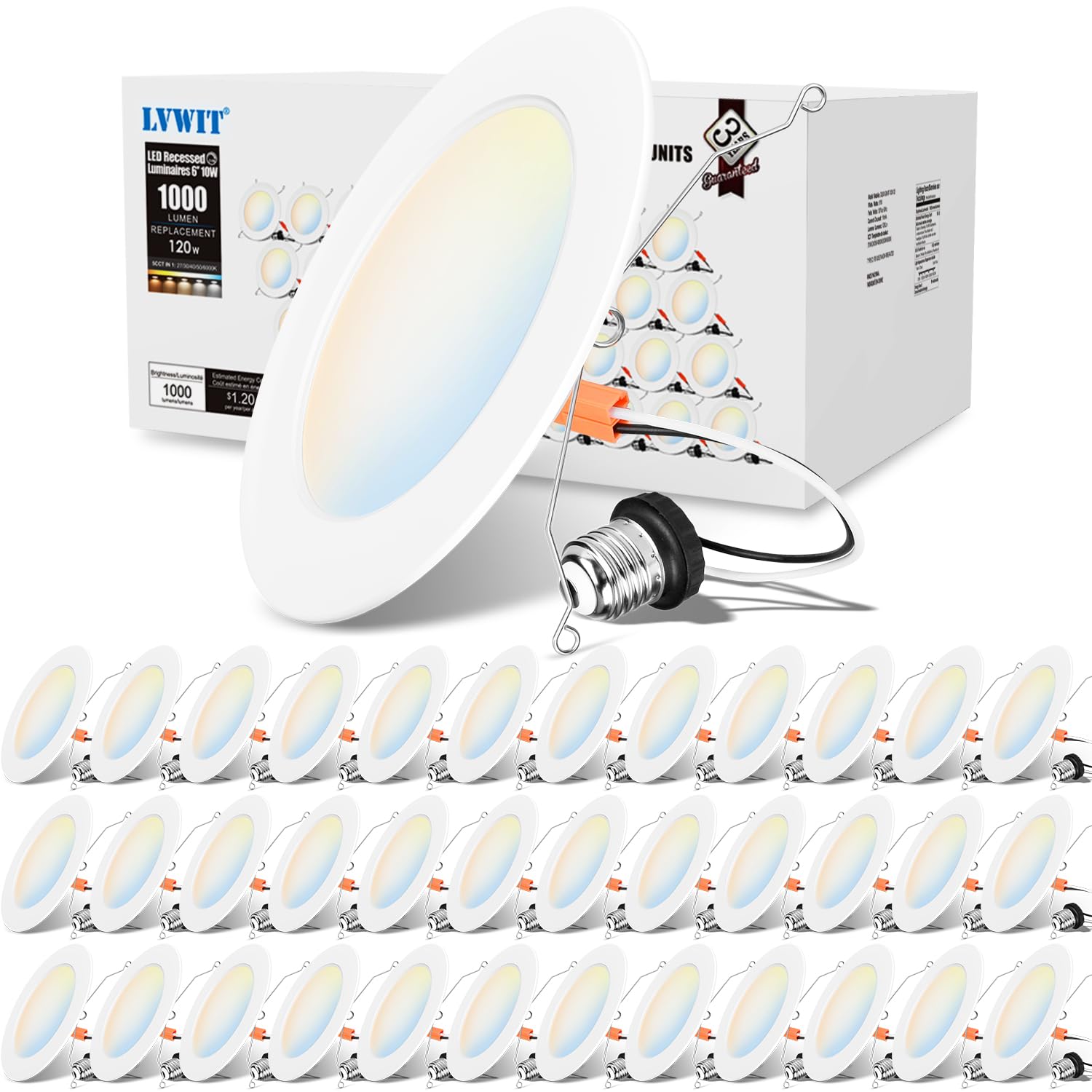 LVWIT Recessed Lights 6 Inch 36 Pack, Modern Retrofit LED Recessed Lighting, 5CCT Color Selectable, Dimmable LED Can Lights with E26 Conversion Kit