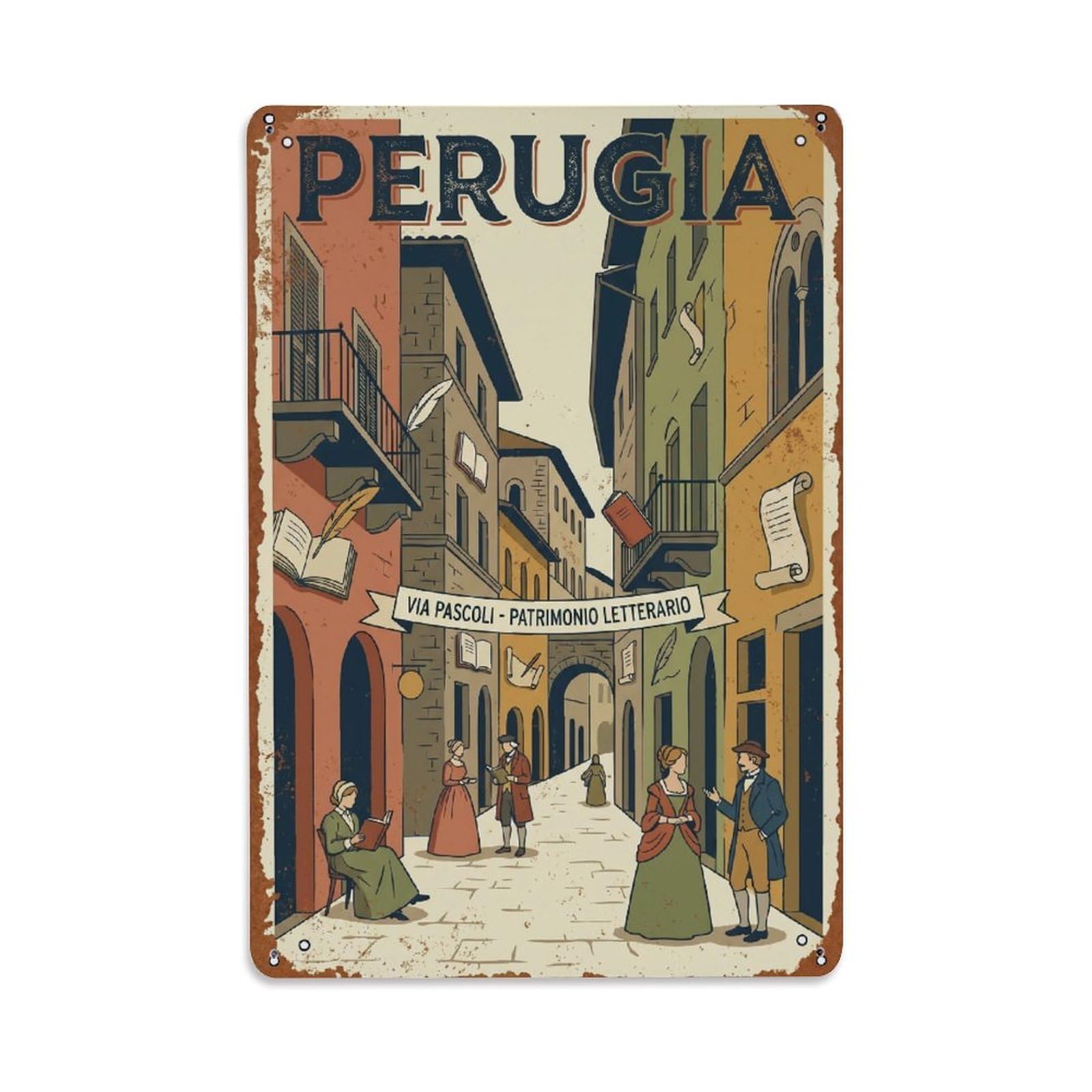 Vintage Travel Perugia Via Pascoli Street Italy Metal Tin Sign Plaque Wall Decor for Cafe, Club Bar, Office, Home Garden Metal Poster 8x12Inch