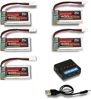 RoaringTop 5PCS 3.7V 400mAh Batterie au Lithium avec Chargeur 5 en 1 pour SYMA Q11 H99W H31 H6C H98 AT-96 TR-C385 TR-P51 TR-F22 Pièces de Rechange de Quadcopter Batterie de Drone modèle