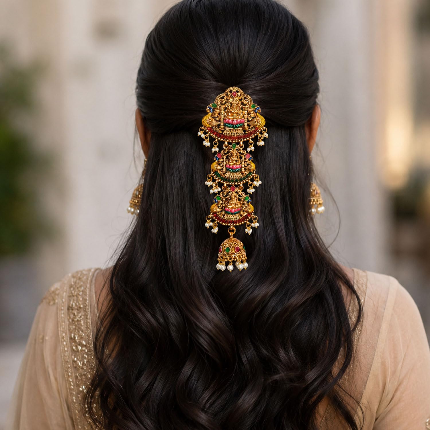 VAMA FASHIONS Traditional 18K Gold Plated Jada Billai Billalu Laxmi Devi Peacock Design Ruby Emerald Kempu Stones Bridal Wedding Hairpins Choti Bharatanatyam Juda Hair Pin Temple Jewellery for Women & Girls-image-27