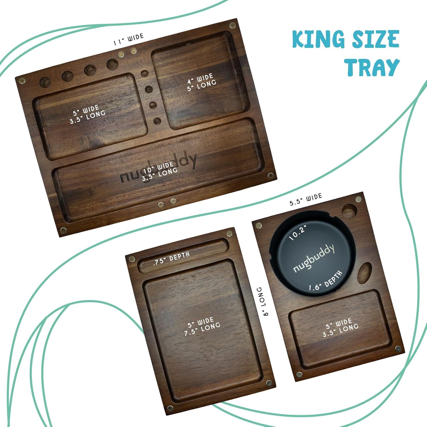 Wooden Rolling Tray | 3 in 1 Folding Design Set w Magnetic Lid | Big & Small Trays + Removable Metal Tray | Portable Accessory Kit for Car Travel & Home | Premium Acacia Wood