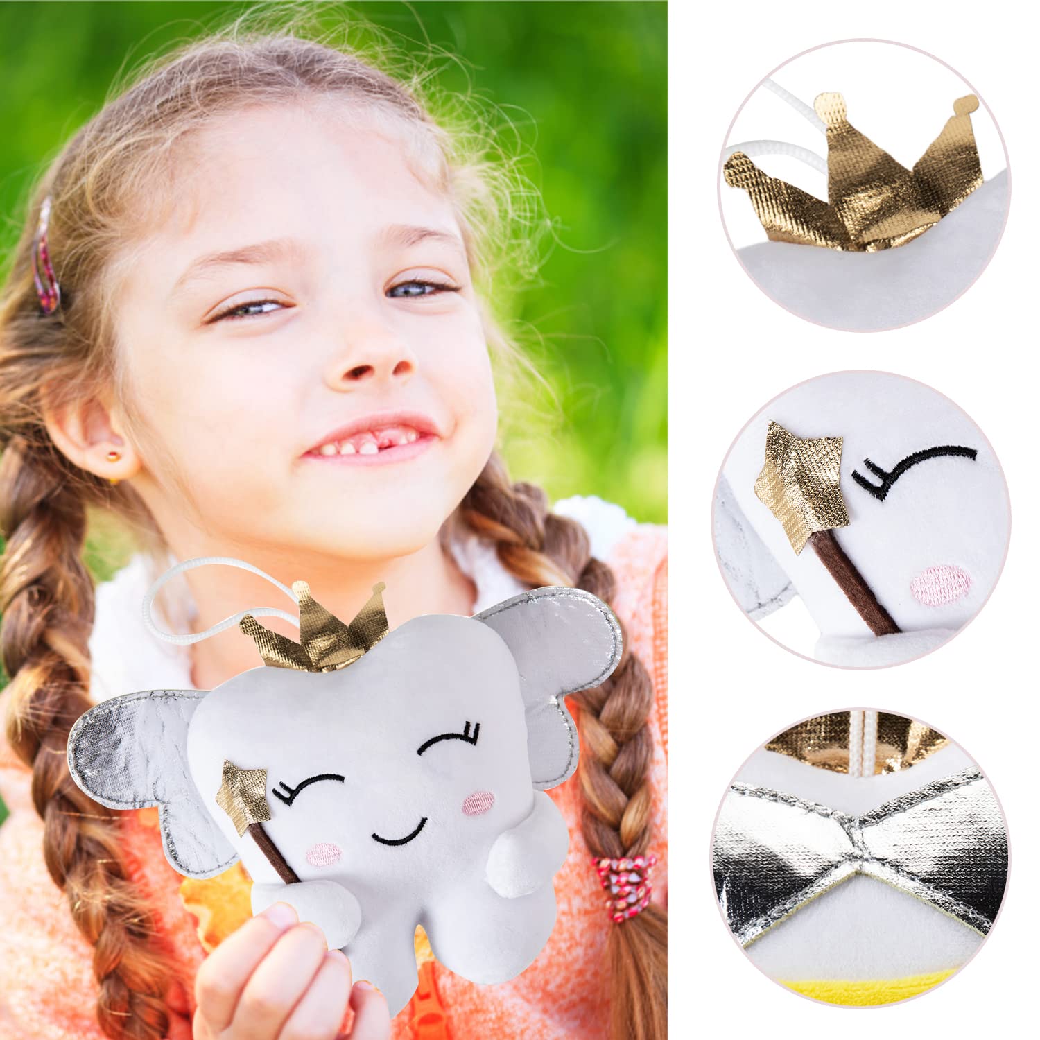 Poupée fée des Dents Ailes Brillantes brodé Oreiller fée des Dents avec Poche Souvenir fée des Dents Cadeau pour garçons Filles (Blanc)