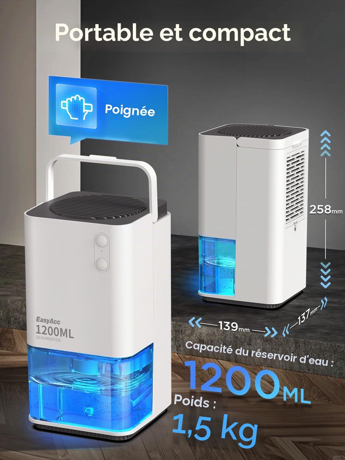 EasyAcc® Deshumidificateur d Air 2000ML, Petit Déshumidificateur Electrique Silencieux Econome en Energie, Éclairage 7, Pour Une Meilleure Qualité de L'air-Anti 10-15 m² Armoire Placard Salle de Bain