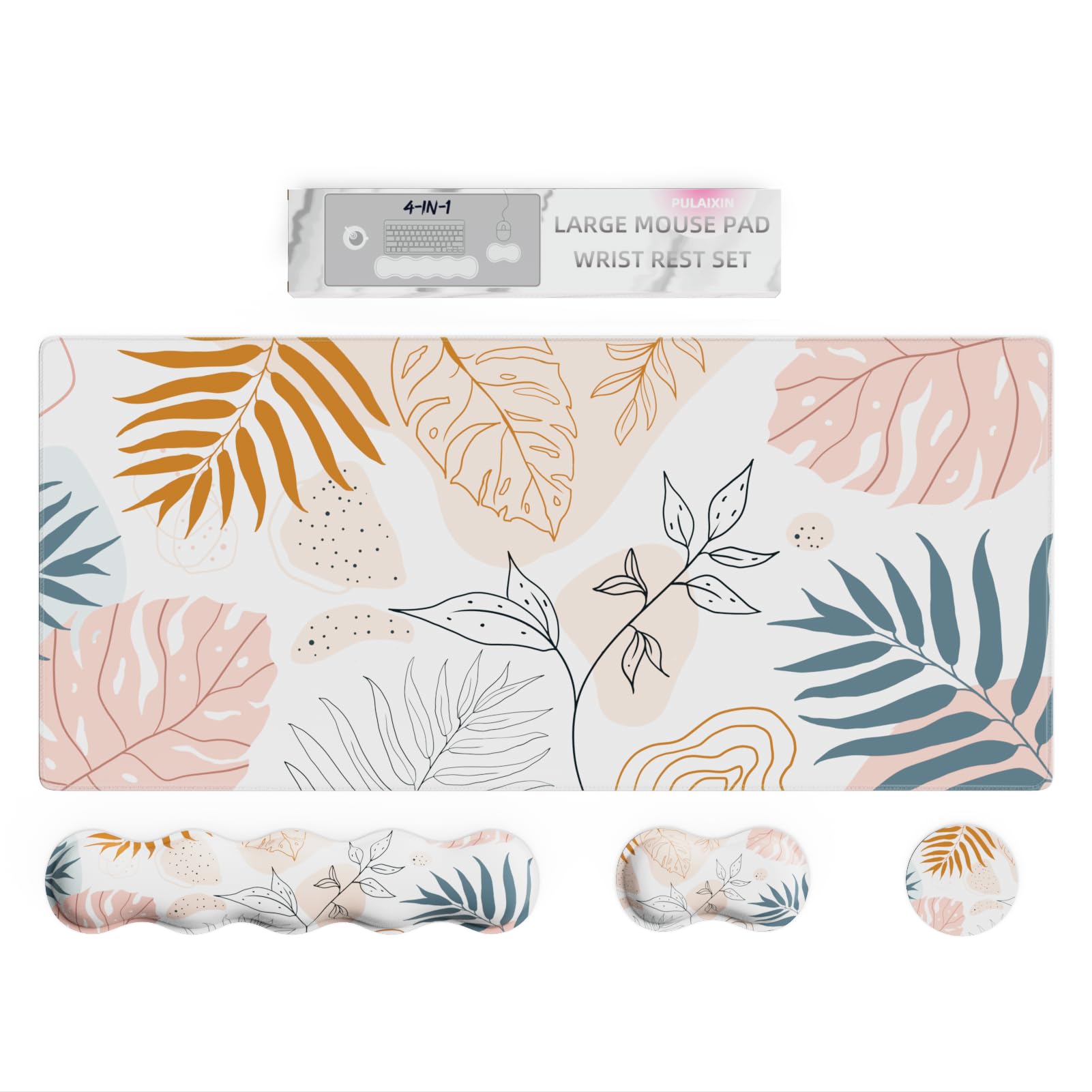 4 in 1 Desk Mat, Large Gaming Mouse Pad Wrist Support Set, Mouse Pads Wrist Rest with Non-Slip Rubber Base, Waved Shape, Ergonomic Design for Office Desk Accessories-Plant, MOPT2789TPS717PLX