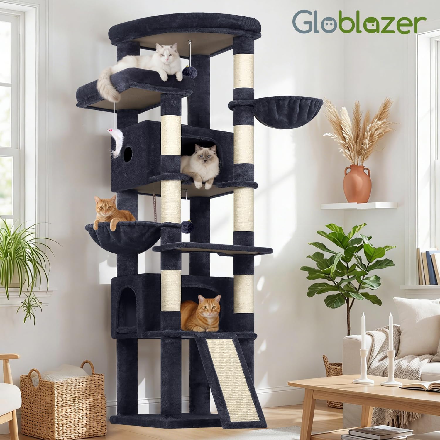 Globlazer Extra Large Heavy Duty Cat Tree, 80in Tall Sturdy Cat Tree Tower for Multiple Indoor Cats Large Adult with Scratching Posts, 2 Spacious Condos with Padding, 2 Soft Perches, S80C, Dark Grey