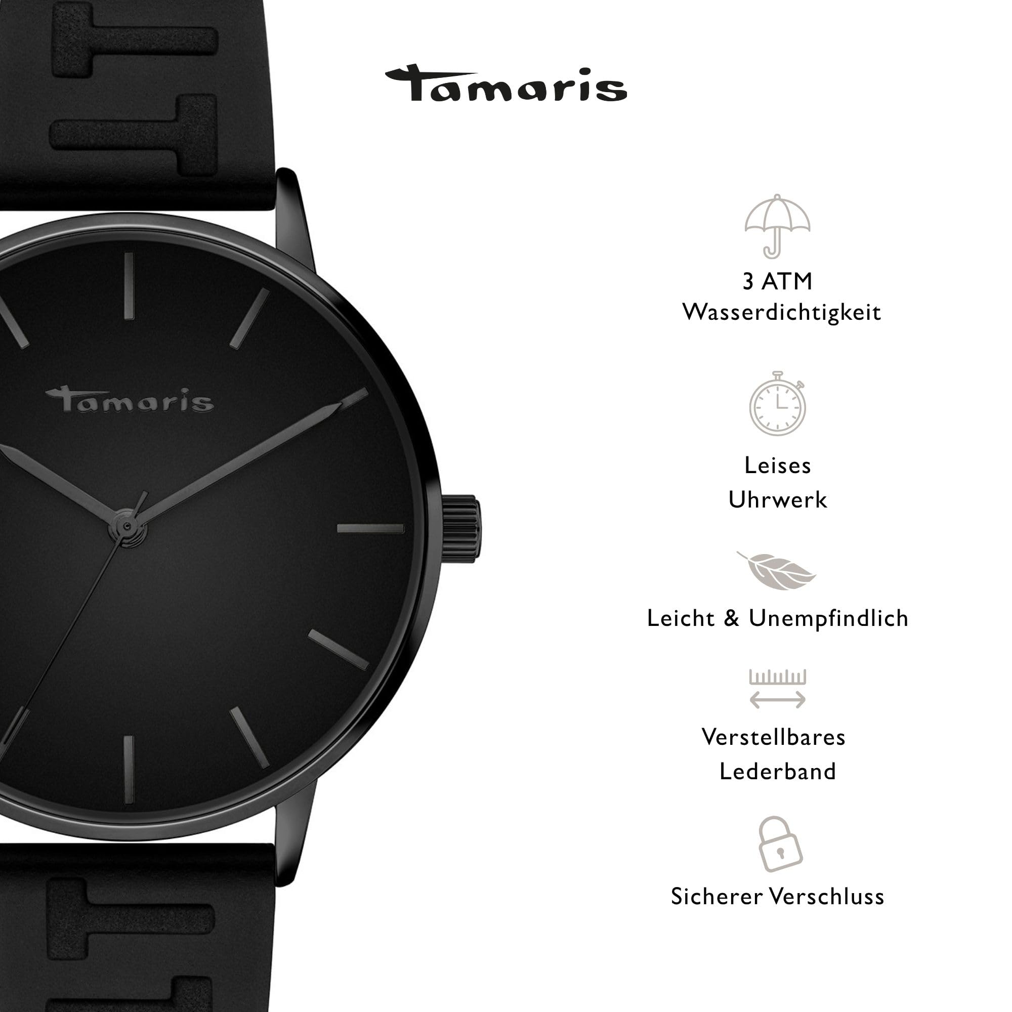 Tamaris Damski analogowy zegarek kwarcowy ze skórzanym paskiem TT-0104-LQ, czarny