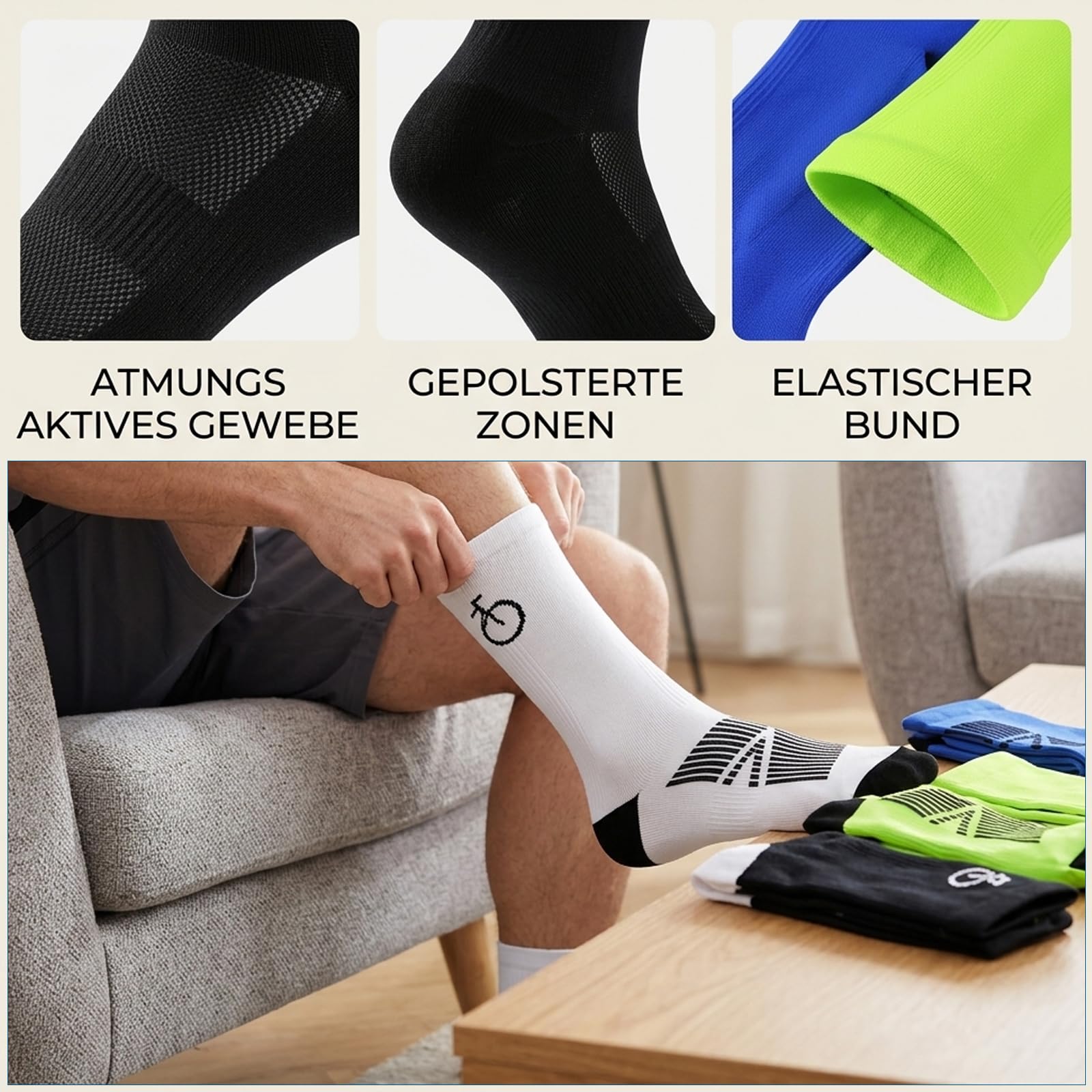 4 Stück Fahrrad Socken, Fahrradsocken Herren, Radsocken Herren, Socken Set in Weiß Schwarz Neon Grün Blau, Atmungsaktive Socken für Radfahren
