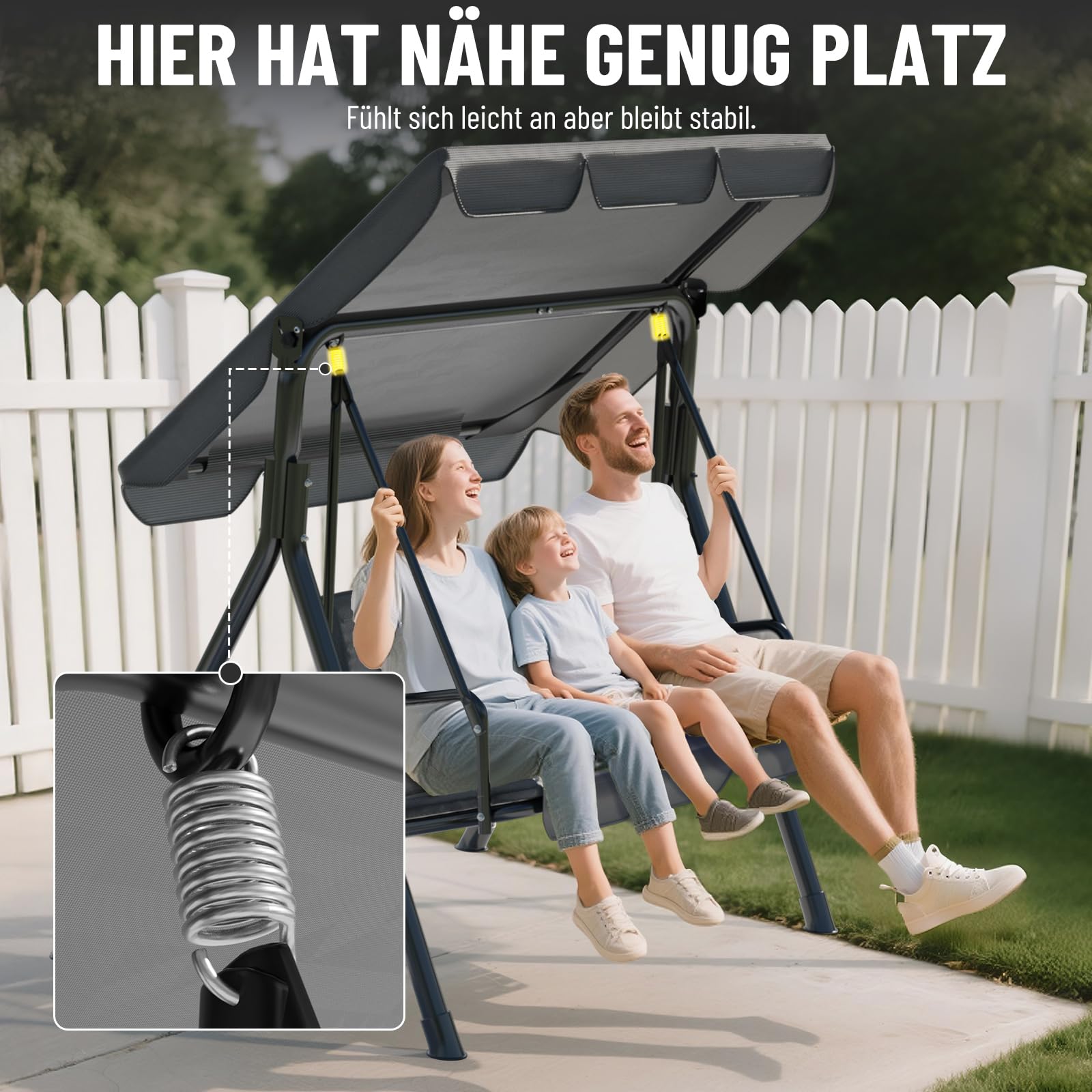 Soontrans Balancelle 3 places Hollywood, moment de famille en toute légèreté, balancelle de jardin avec toit et structure en acier & assise rembourrée, capacité de charge jusqu'à 200 kg, en acier (175