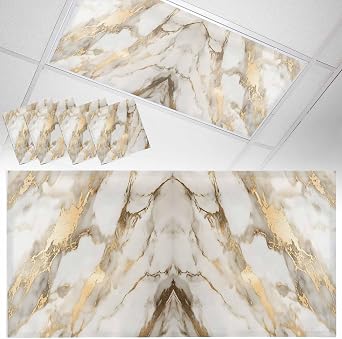 Fluorescent Light Cover Abstract White Yellow Marble Magnetic Light Filters Modern Art Ceiling Light Covers for Classroom Office Home Drop Ceiling Lamp Decor 4 Pieces