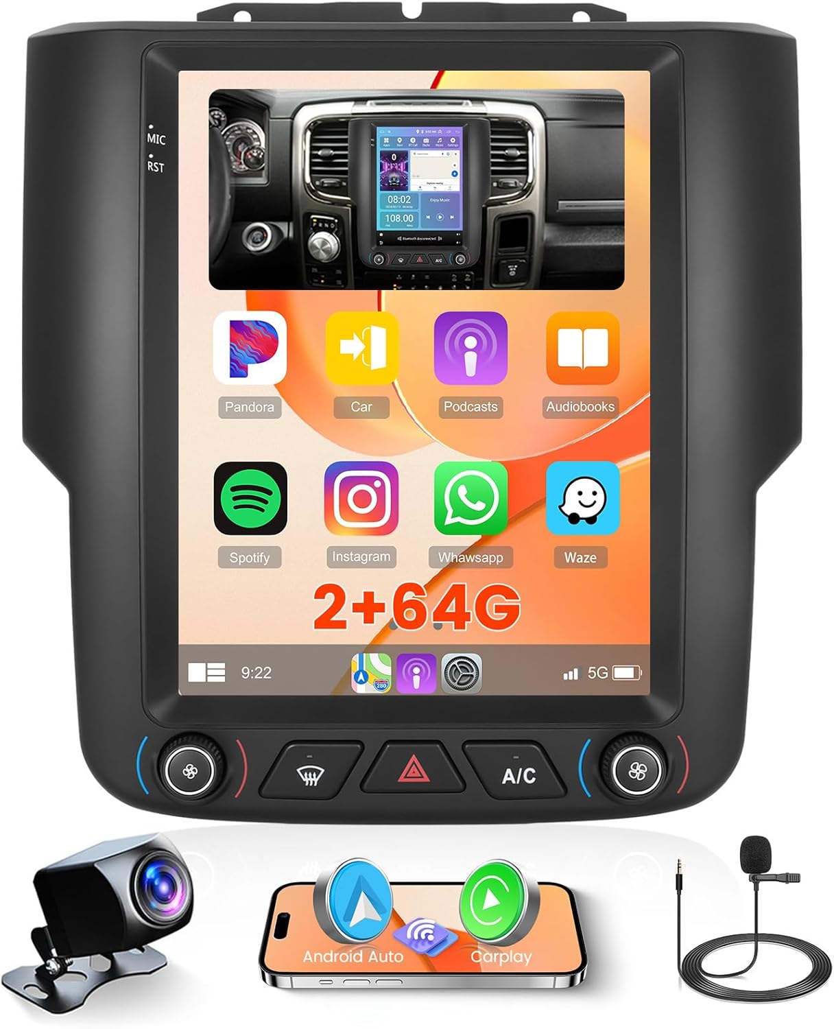 2+64G Radio for Dodge Ram 1500 2500 3500 2013-2018 (Auto A/C) CarPlay Car Stereo Android 15 Touchscreen 9.7" Android Auto Backup Camera GPS EQ 10UI