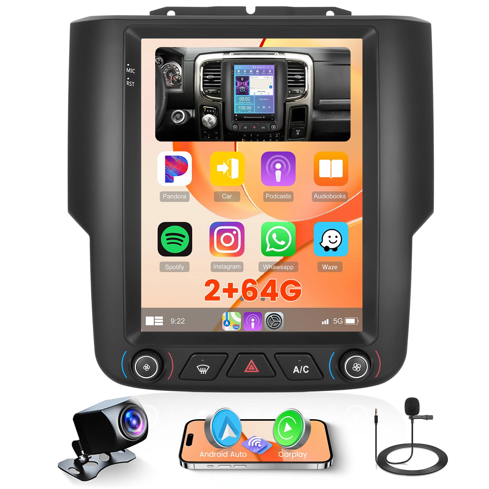 Inefala 2+64G Radio for Dodge Ram 1500 2500 3500 2013-2018 (Auto A/C) CarPlay Car Stereo Android 15 Touchscreen 9.7" Android Auto Backup Camera GPS EQ