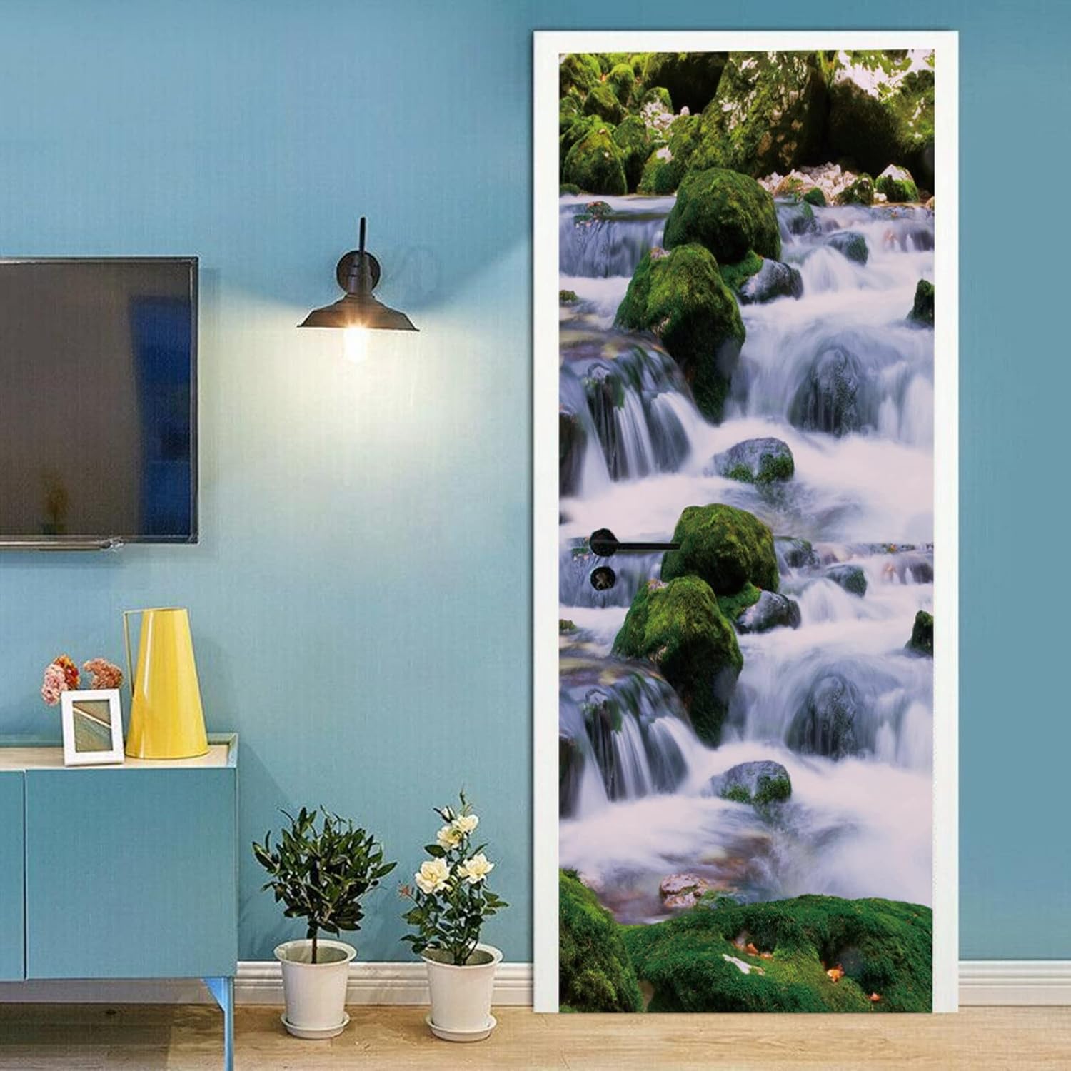 A.Monamour 3D Door Stickers for Interior Doors Mountain River Waterfall Between Stones Nature Scenery Vinyl Removable Self Adhesive Door Poster Wallpaper Mural Decals for Bedroom Bathroom 90 x 200 cm