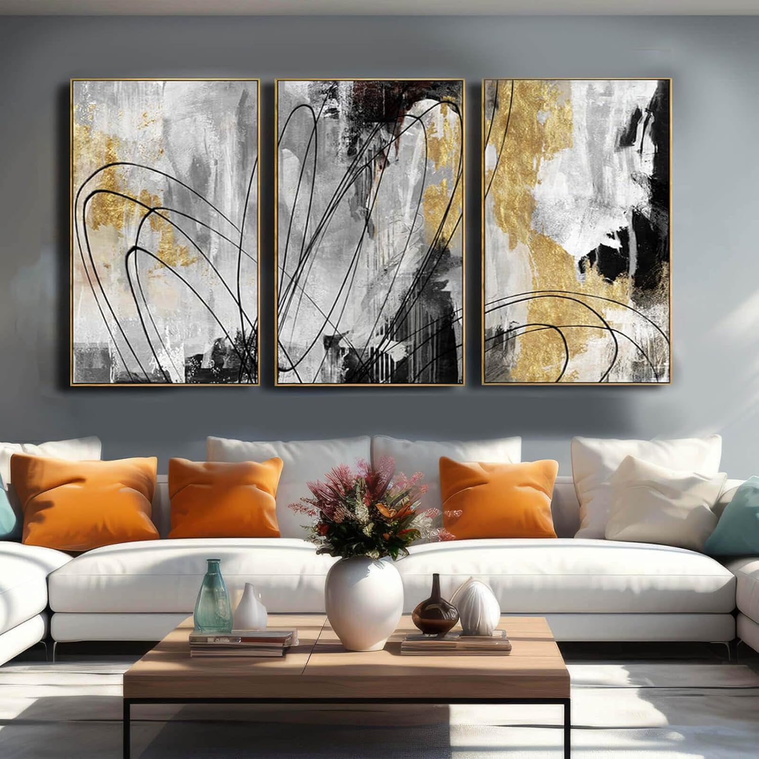 YJYart Gold Wall Art Abstract Wall Art Living Room Decor Black and White Canvas Picture Home Decor Wooden Frame Line Paintings Modern Artwork Office Decor 24x 36x 3 Pieces