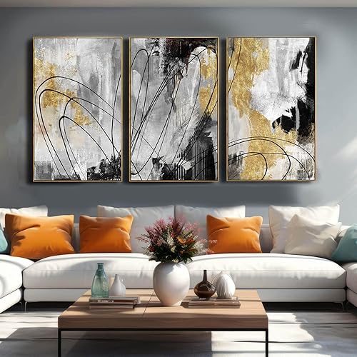 Miniatura 6 de YJYart Arte de Pared Dorado Arte de Pared Abstracto Decoración de Sala de Estar Cuadro de Lienzo Blanco y Negro Decoración del Hogar Marco de Madera