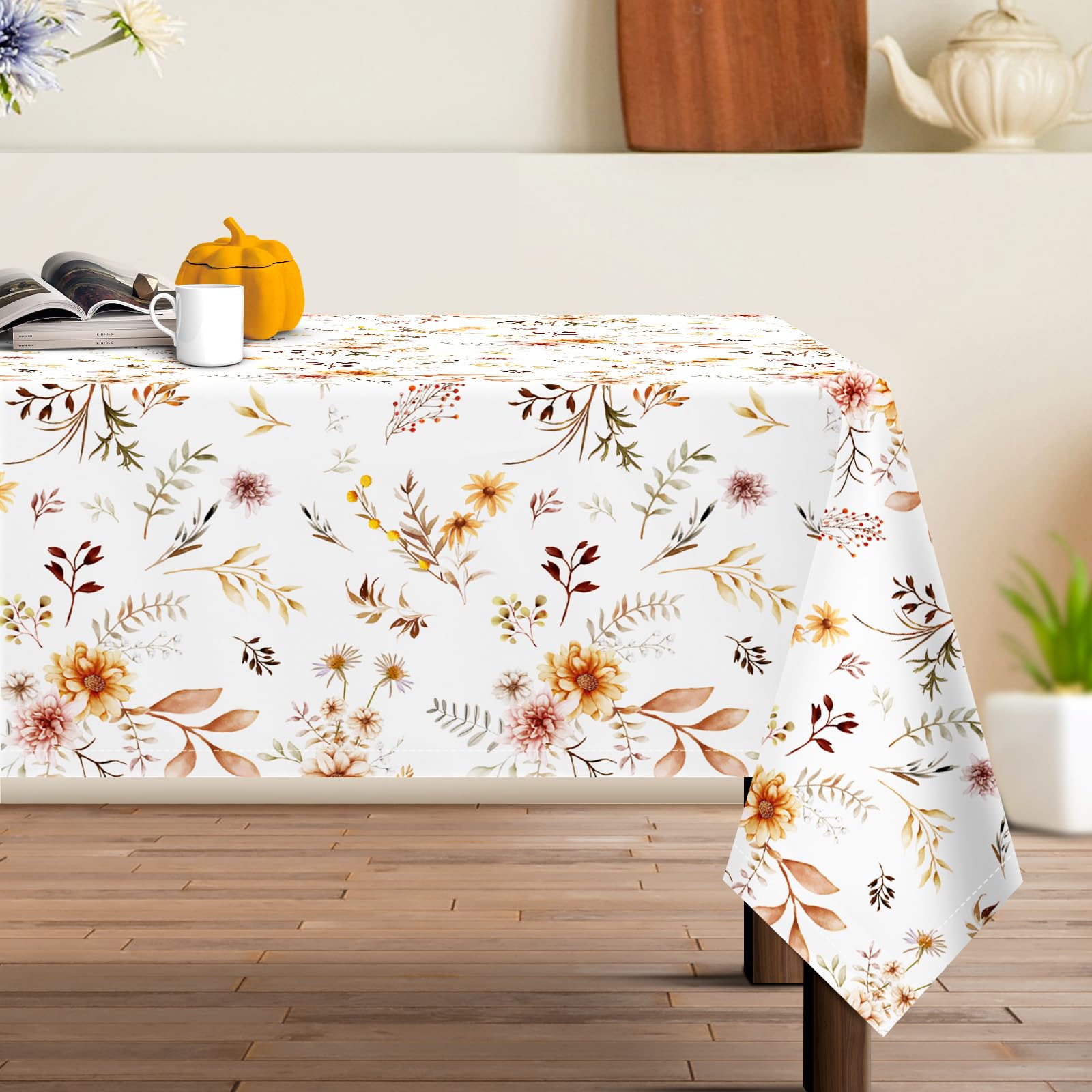 Arquiel Mantel Rectángula Flor Naranja, Manteles Hoja Flores Mantel Impermeable Antimanchas Poliéster Lavable Duradera para Cocina Comedor Fiestas Otoño(152×213cm)