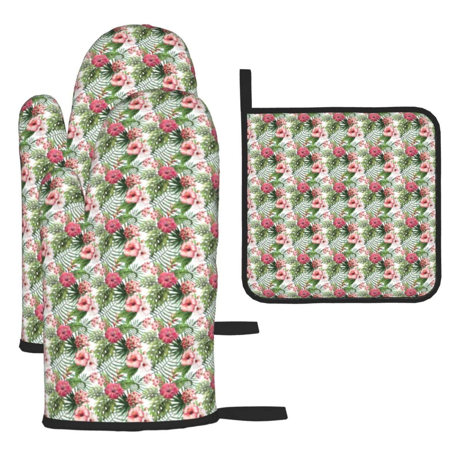 Tropical Leaves Print Oven Set Kitchen Gloves Baking Grilling Microwaving Cooking Gift Everyday Holiday