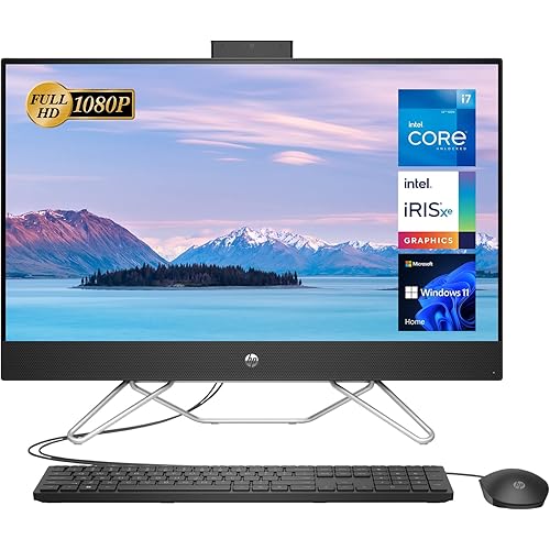 HP All-in-One Desktop, 27" FHD Display, 12th Gen Intel Core i7-1255U, 16GB RAM, 1TB SSD, Webcam, HDMI, RJ-45, Wired Keyboard&Mouse, WiFi 6, Windows 11 Home, Black